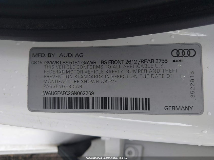 2016 Audi A6 VIN WAUGFAFC2GN062269 IAAI salvage auction — FRONT END, Salvage Title, sold $2,700 on 2026-08-01 (photo 9)