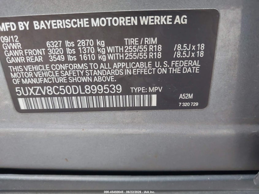2013 BMW X5 VIN 5UXZV8C50DL899539 IAAI salvage auction — NORMAL WEAR, Clear (Indiana), sold $1,375 on 2026-07-15 (photo 9)