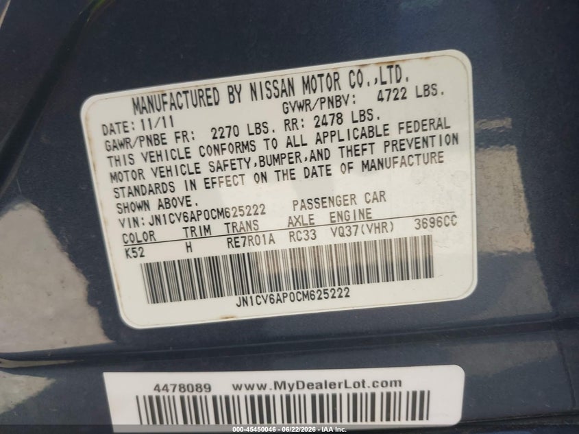 2012 Infiniti G VIN JN1CV6AP0CM625222 IAAI salvage auction — NORMAL WEAR, Original (Texas), sold $1,450 on 2026-07-15 (photo 9)