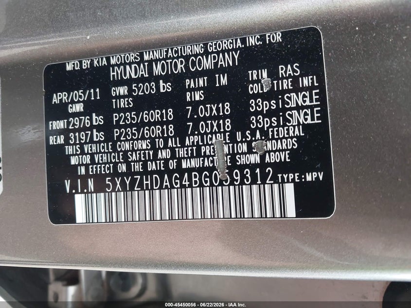 2011 Hyundai Santa fe VIN 5XYZHDAG4BG059312 IAAI salvage auction — NORMAL WEAR, Original (Ohio), sold $275 on 2026-07-22 (photo 9)