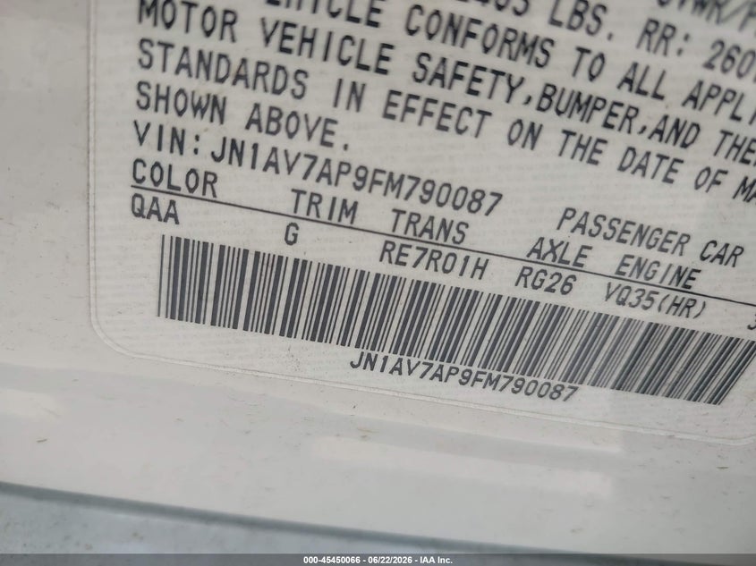 2015 Infiniti Q50 VIN JN1AV7AP9FM790087 IAAI salvage auction — NORMAL WEAR, Original (Texas), sold $750 on 2026-07-29 (photo 9)