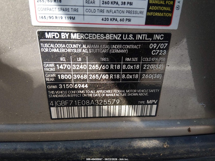 2008 Mercedes-benz Gl-klasse VIN 4JGBF71E08A325579 IAAI salvage auction — NORMAL WEAR, Clear (North Carolina), sold $650 on 2026-08-05 (photo 9)