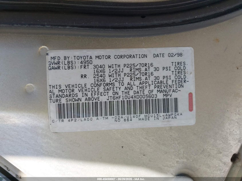 1999 Lexus VIN JT6HF10U4X0005603 IAAI salvage auction — NORMAL WEAR, Clear (New Mexico), sold $475 on 2026-07-27 (photo 9)