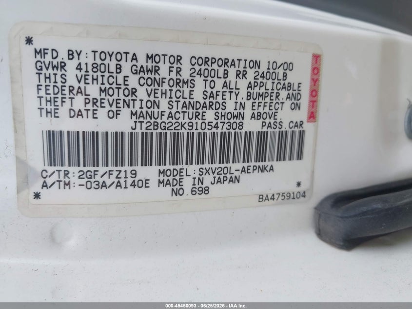 2001 Toyota Camry VIN JT2BG22K910547308 IAAI salvage auction — RIGHT SIDE, Junk Bill Of Sale Mv2459 (Wisconsin), sold $25 on 2026-07-23 (photo 9)