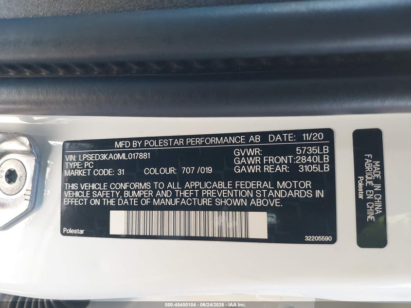 2021 Polestar 2 VIN LPSED3KA0ML017881 IAAI salvage auction — FRONT END, Salvage Title, sold $9,100 on 2026-08-14 (photo 9)