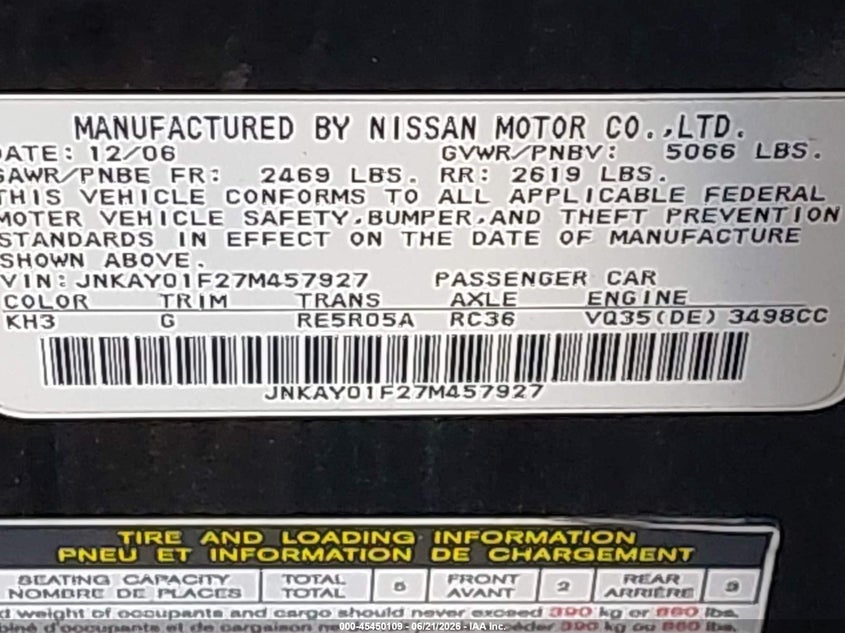 2007 Infiniti M35 VIN JNKAY01F27M457927 IAAI salvage auction — FRONT & REAR, Bill Of Sale (New York), sold $475 on 2026-07-07 (photo 9)