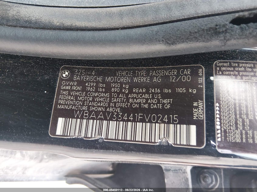 2001 BMW 3 series VIN WBAAV33441FV02415 IAAI salvage auction — FRONT END, Bill Of Sale (New York), sold $450 on 2026-07-14 (photo 9)