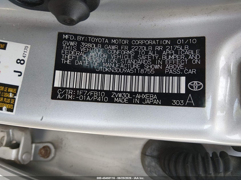 2010 Toyota Prius VIN JTDKN3DU9A5118755 IAAI salvage auction — NORMAL WEAR, Original (Kentucky), sold $975 on 2026-07-06 (photo 9)