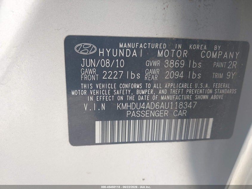 2010 Hyundai Elantra VIN KMHDU4AD6AU118347 IAAI salvage auction — NORMAL WEAR, Clear (Utah), sold $475 on 2026-07-09 (photo 9)