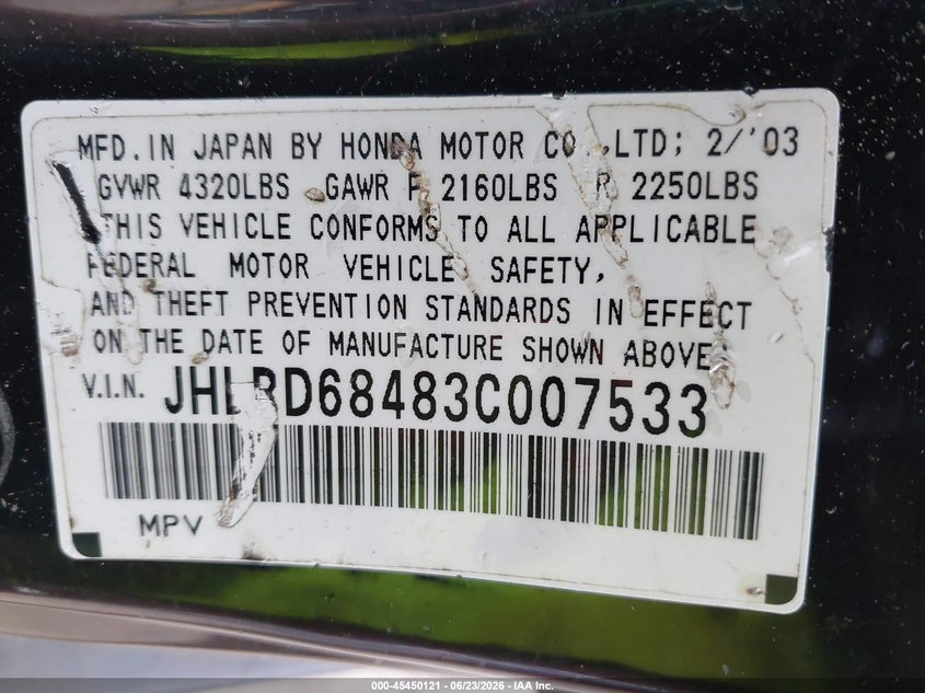 2003 Honda Cr-v VIN JHLRD68483C007533 IAAI salvage auction — NORMAL WEAR, Clear (Washington), sold $700 on 2026-07-29 (photo 9)