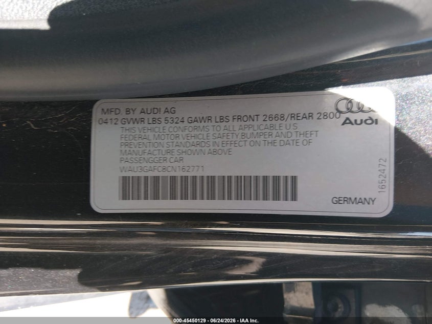 2012 Audi A7 VIN WAU3GAFC8CN162771 IAAI salvage auction — FRONT END, Salvage Title, sold $1,750 on 2026-08-02 (photo 9)