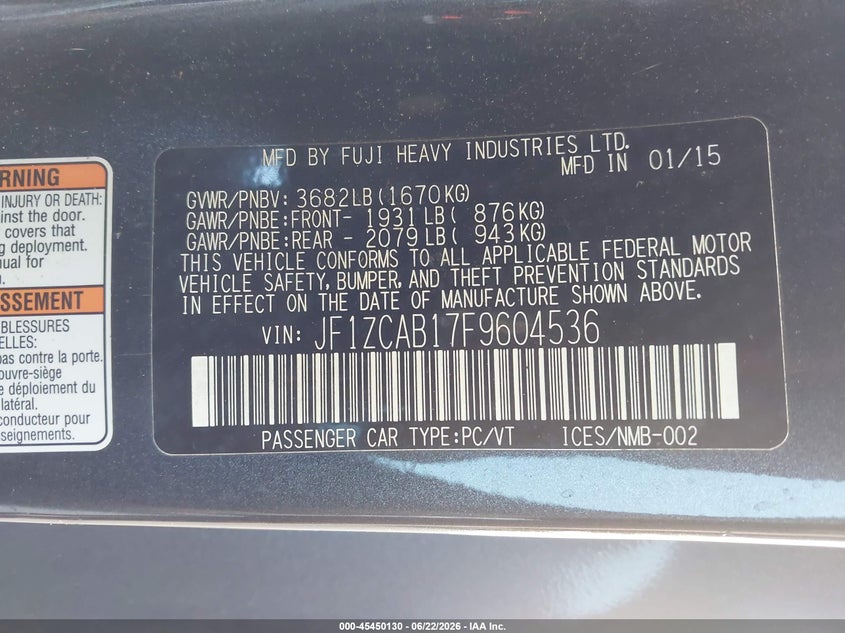 2015 Subaru Brz VIN JF1ZCAB17F9604536 IAAI salvage auction — NORMAL WEAR, Clear (Florida), sold $2,450 on 2026-07-28 (photo 9)
