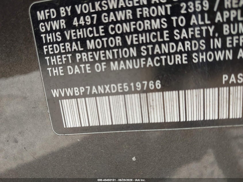 2013 Volkswagen Passat cc VIN WVWBP7ANXDE519766 IAAI salvage auction — FRONT END, Salvage Title, sold $250 on 2026-08-19 (photo 9)