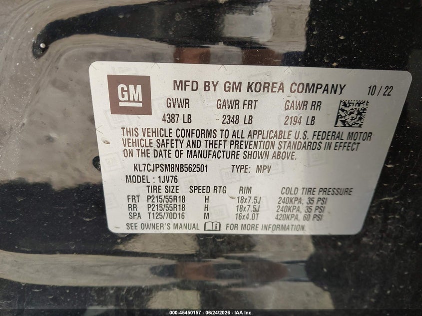 2022 Chevrolet Trax VIN KL7CJPSM8NB562501 IAAI salvage auction — RIGHT FRONT, Salvage Title, sold $4,750 on 2026-07-21 (photo 9)