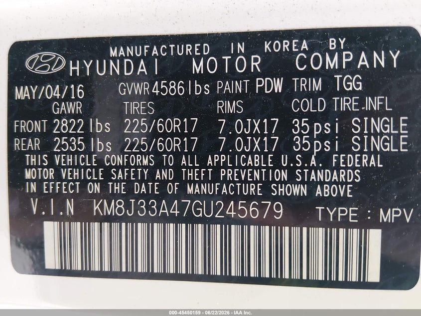 2016 Hyundai Tucson VIN KM8J33A47GU245679 IAAI salvage auction — NORMAL WEAR, Clear (Illinois), sold $3,150 on 2026-07-20 (photo 9)
