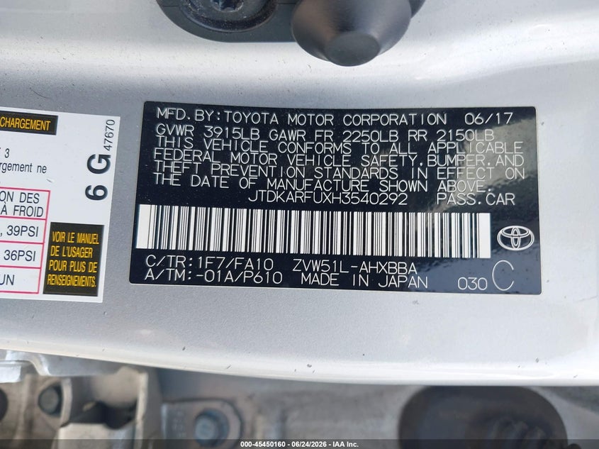 2017 Toyota Prius VIN JTDKARFUXH3540292 IAAI salvage auction — NORMAL WEAR, Clear-Dealer Only (North Carolina), sold $3,825 on 2026-07-29 (photo 9)