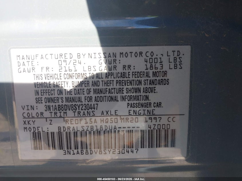 2025 Nissan Sentra VIN 3N1AB8DV8SY230447 IAAI salvage auction — REAR END, Salvage Title, sold $5,800 on 2026-07-17 (photo 9)