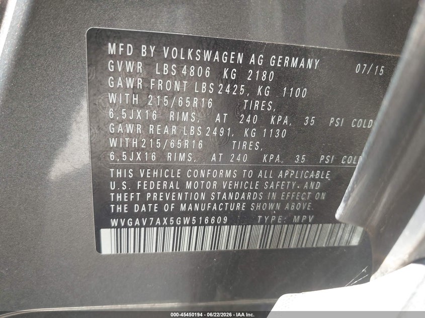 2016 Volkswagen Tiguan VIN WVGAV7AX5GW516609 IAAI salvage auction — NORMAL WEAR, Original (Texas), sold $925 on 2026-07-08 (photo 9)