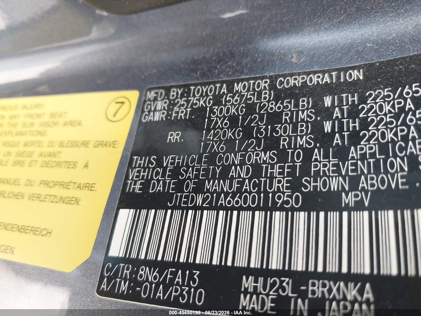 2006 Toyota Highlander hybrid VIN JTEDW21A660011950 IAAI salvage auction — NORMAL WEAR, Original (Texas), sold $825 on 2026-07-27 (photo 9)