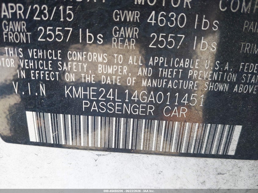 2016 Hyundai Sonata VIN KMHE24L14GA011451 IAAI salvage auction — NORMAL WEAR, Clear - Dealer Only (California), sold $1,125 on 2026-07-20 (photo 9)