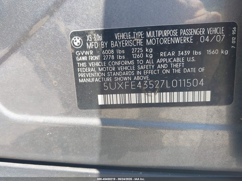 2007 BMW X5 VIN 5UXFE43527L011504 IAAI salvage auction — NORMAL WEAR, Clear (Pennsylvania), sold $450 on 2026-07-17 (photo 9)