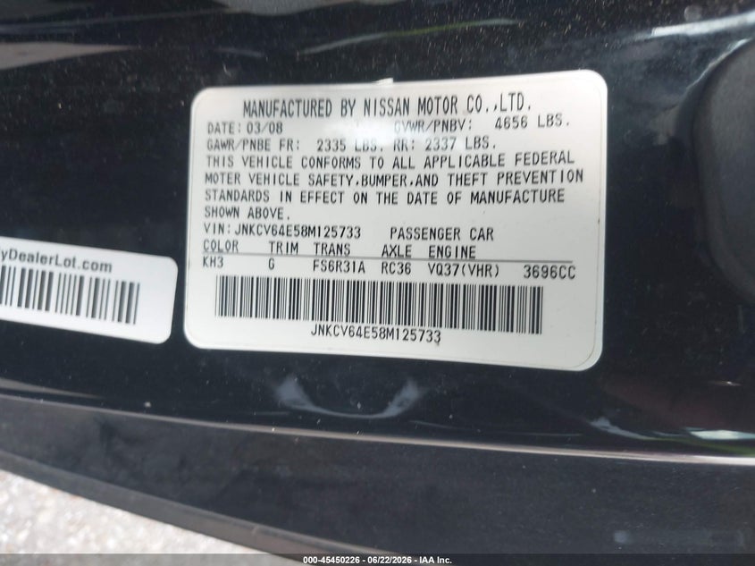 2008 Infiniti G37 VIN JNKCV64E58M125733 IAAI salvage auction — NORMAL WEAR, Original (Texas), sold $1,575 on 2026-07-15 (photo 9)