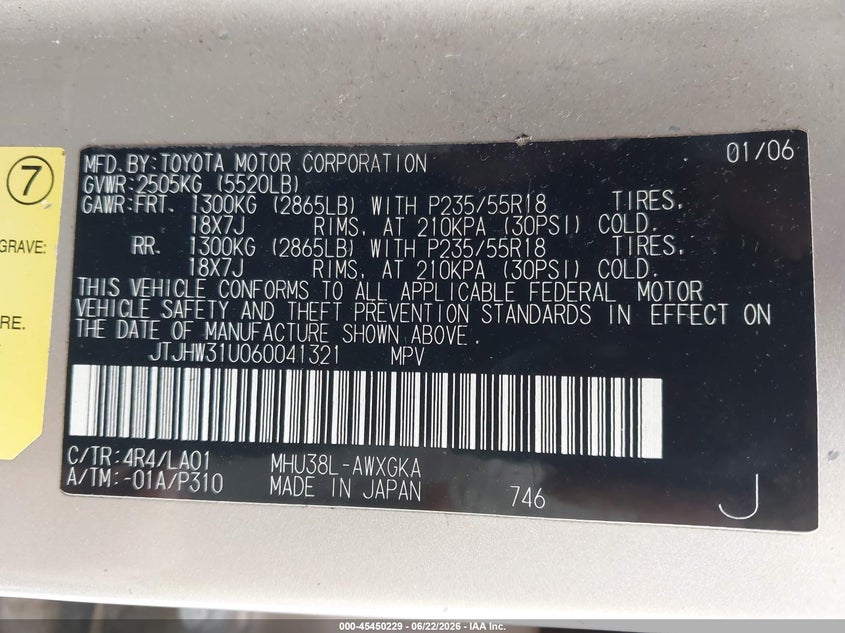 2006 Lexus Rx VIN JTJHW31U060041321 IAAI salvage auction — NORMAL WEAR, Original (Ohio), sold $550 on 2026-07-29 (photo 9)