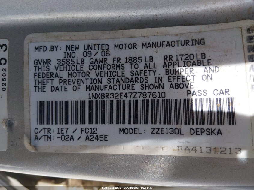 2007 Toyota Corolla VIN 1NXBR32E47Z787610 IAAI salvage auction — HAIL, Salvage (Kansas), sold $925 on 2026-07-23 (photo 9)