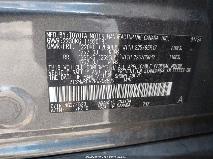 2024 Toyota Rav 4 VIN 2T3MWRFV2RW206890 IAAI salvage auction — RIGHT FRONT, Salvage Title, sold $7,600 on 2026-07-29 (photo 9)