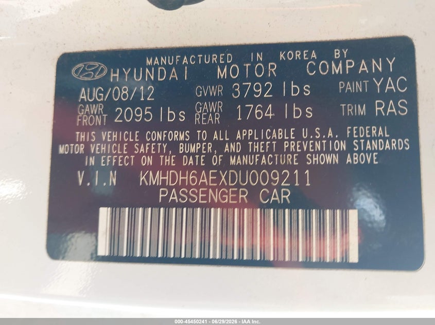 2013 Hyundai Elantra VIN KMHDH6AEXDU009211 IAAI salvage auction — NORMAL WEAR, Clear (Alabama), sold $250 on 2026-07-22 (photo 9)