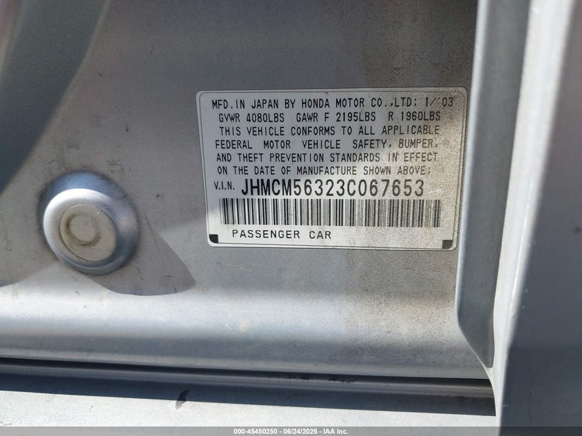 2003 Honda Accord VIN JHMCM56323C067653 IAAI salvage auction — NORMAL WEAR, Salvage Title (California), sold $350 on 2026-07-28 (photo 9)