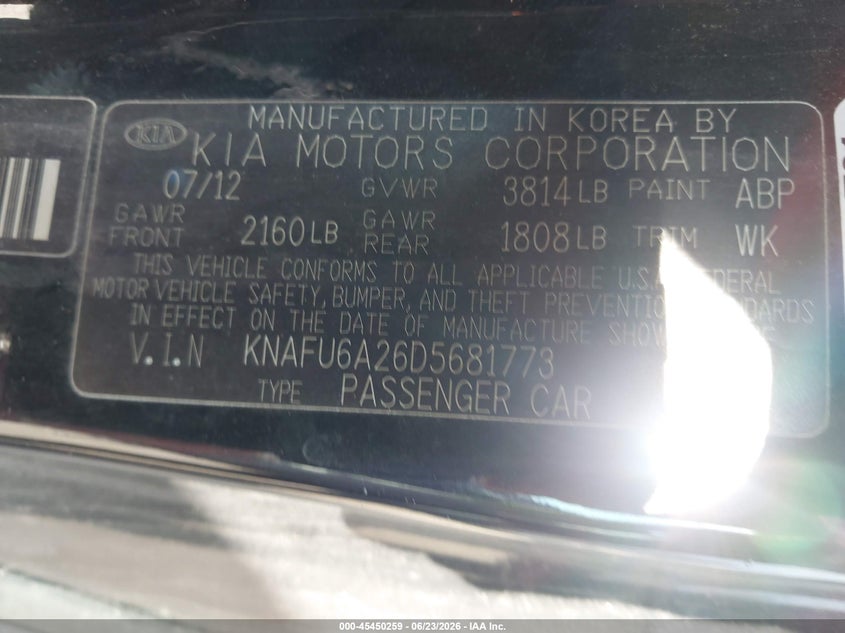 2013 Kia Forte VIN KNAFU6A26D5681773 IAAI salvage auction — NORMAL WEAR, Clear (Michigan), sold $400 on 2026-07-30 (photo 9)