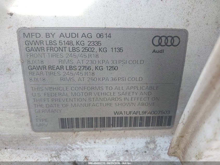2015 Audi Allroad VIN WA1UFAFL9FA007503 IAAI salvage auction — NORMAL WEAR, Clear (Virginia), sold $1,500 on 2026-07-28 (photo 9)