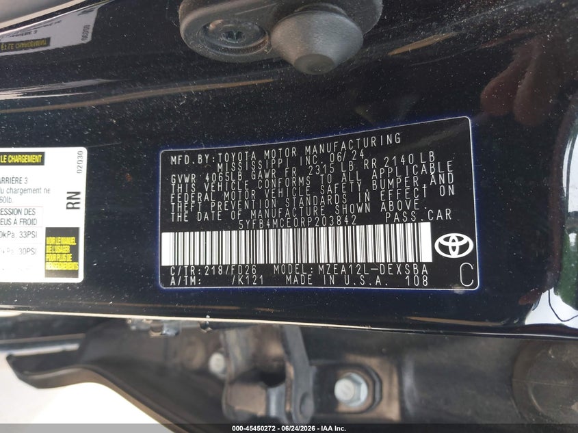 2024 Toyota Corolla VIN 5YFB4MCE0RP203842 IAAI salvage auction — FRONT END, Enterprise Vehicles Clear Only (Texas), sold $12,250 on 2026-07-07 (photo 9)