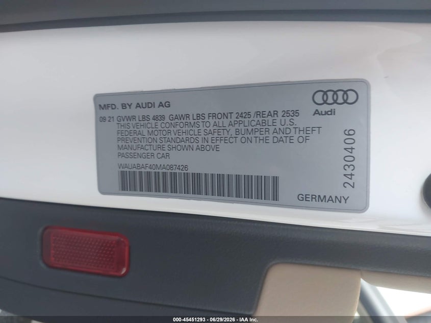 2021 Audi A4 VIN WAUABAF40MA087426 IAAI salvage auction — FRONT END, Salvage Title, sold $8,050 on 2026-09-10 (photo 9)
