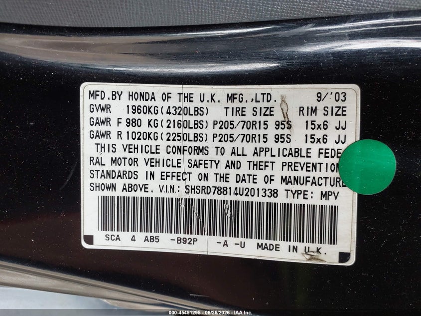 2004 Honda Cr-v VIN SHSRD78814U201338 IAAI salvage auction — NORMAL WEAR, Clear (Pennsylvania), sold $425 on 2026-07-30 (photo 9)