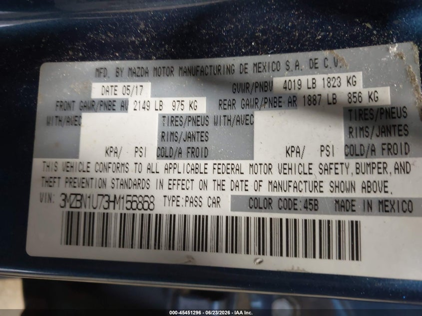 2017 Mazda 3 VIN 3MZBN1U73HM156868 IAAI salvage auction — LEFT SIDE, Salvage Title, sold $2,000 on 2026-07-30 (photo 9)