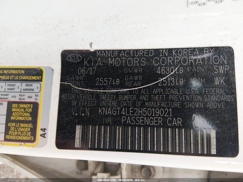 2017 Kia Optima VIN KNAGT4LE2H5019021 IAAI salvage auction — NORMAL WEAR, Original (Ohio), sold $1,000 on 2026-07-15 (photo 9)