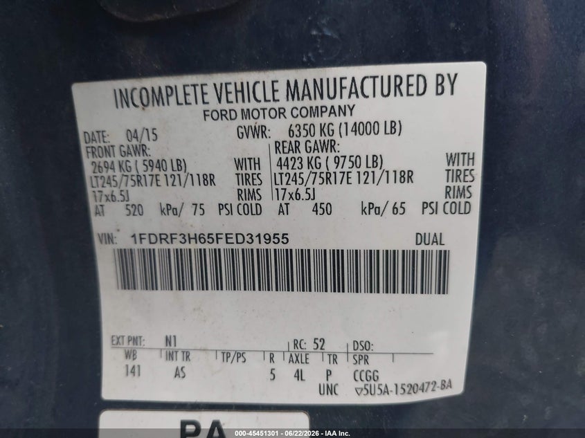 2015 Ford F-350 VIN 1FDRF3H65FED31955 IAAI salvage auction — NORMAL WEAR, Sf97 (New Jersey), sold $525 on 2026-07-21 (photo 9)
