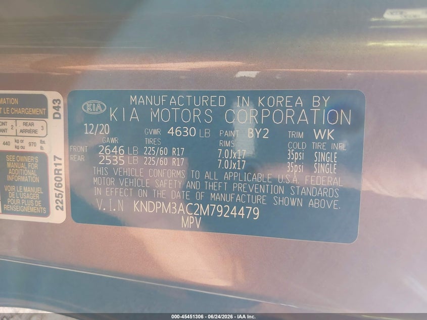 2021 Kia Sportage VIN KNDPM3AC2M7924479 IAAI salvage auction — THEFT, Salvage Title, sold $2,450 on 2026-07-28 (photo 9)