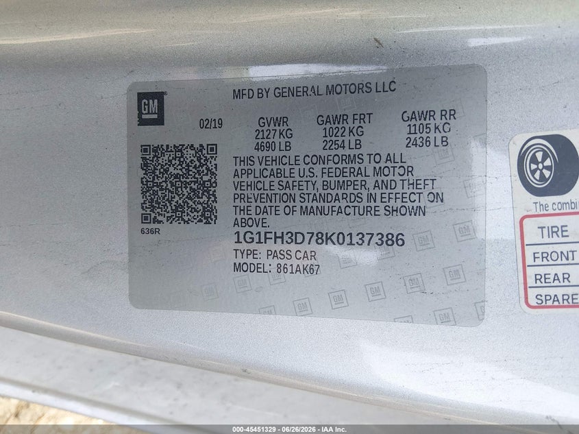 2019 Chevrolet Camaro VIN 1G1FH3D78K0137386 IAAI salvage auction — REAR END, Salvage (Virginia), sold $11,600 on 2026-08-01 (photo 9)
