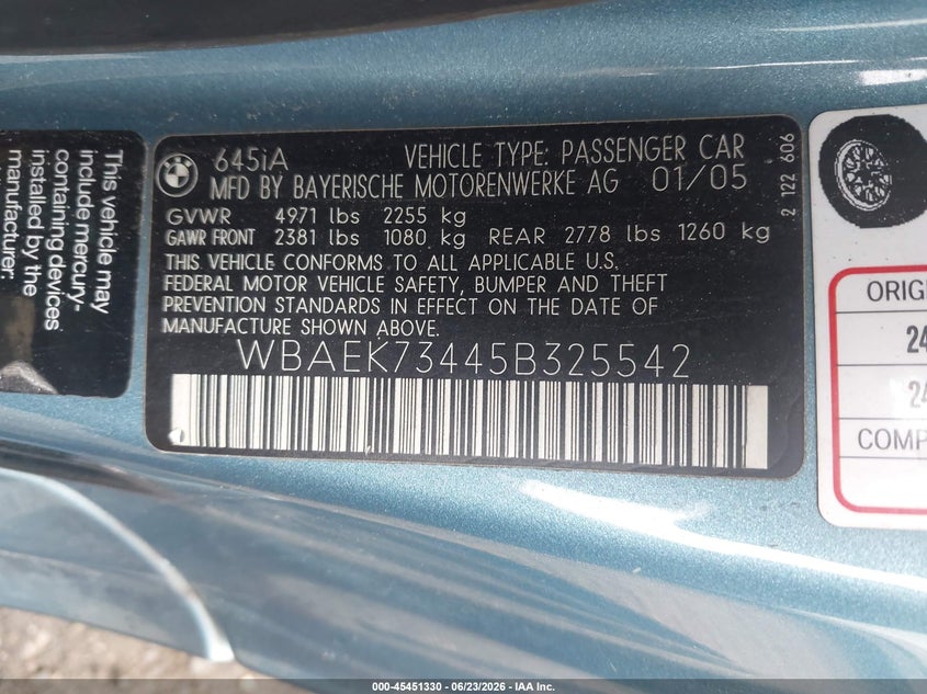 2005 BMW 6 series VIN WBAEK73445B325542 IAAI salvage auction — FRONT END, Mv-907A (New York), sold $475 on 2026-07-21 (photo 9)