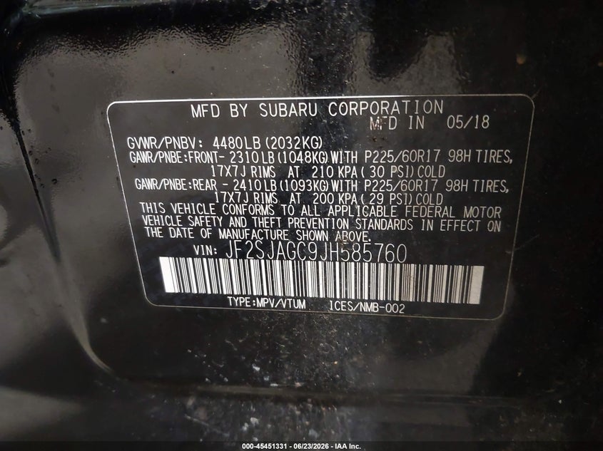 2018 Subaru Forester VIN JF2SJAGC9JH585760 IAAI salvage auction — FRONT END, Salvage (North Carolina), sold $850 on 2026-07-30 (photo 9)