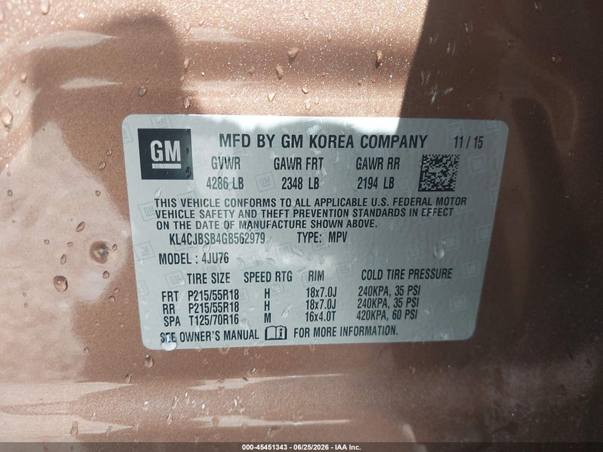 2016 Buick Encore VIN KL4CJBSB4GB562979 IAAI salvage auction — RIGHT FRONT, Salvage - 75% Or Less (Maryland), sold $1,675 on 2026-07-15 (photo 9)