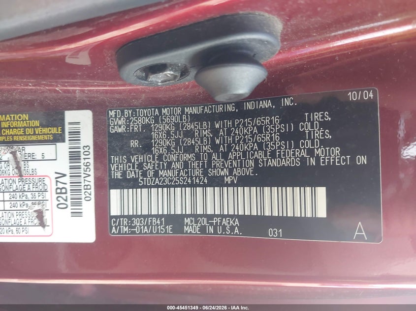 2005 Toyota Sienna VIN 5TDZA23C25S241424 IAAI salvage auction — NORMAL WEAR, Clear (Illinois), sold $550 on 2026-07-29 (photo 9)