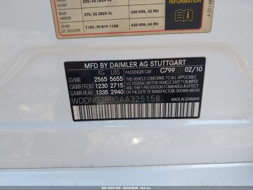 2010 Mercedes-benz S class VIN WDDNG7BB0AA325158 IAAI salvage auction — WATER/FLOOD, Salvage (South Carolina), sold $1,900 on 2026-07-21 (photo 9)