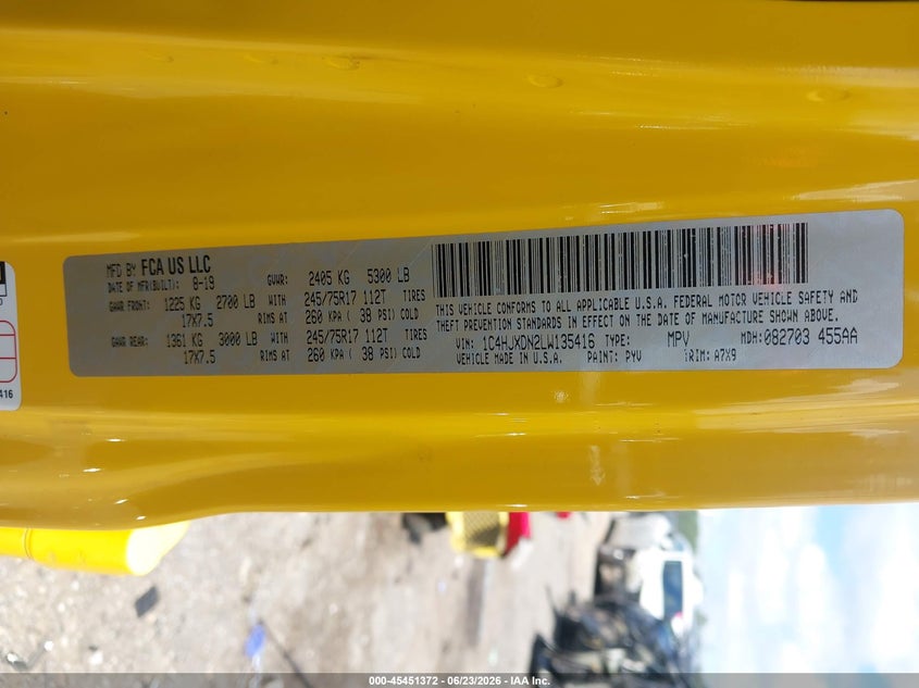 2020 Jeep Wrangler / VIN 1C4HJXDN2LW135416 IAAI salvage auction — REAR END, Salvage Title, sold $7,500 on 2026-07-29 (photo 9)