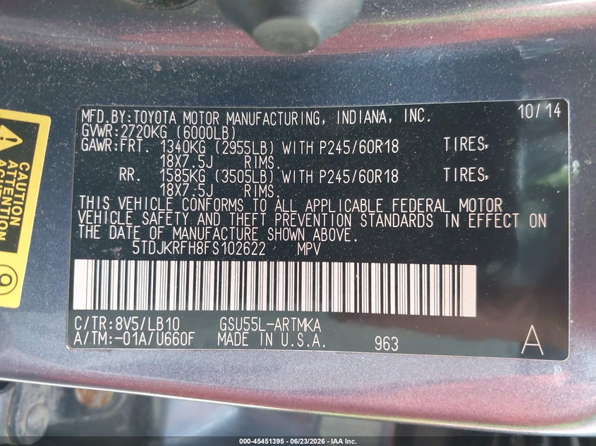 2015 Toyota Highlander VIN 5TDJKRFH8FS102622 IAAI salvage auction — FRONT END, Salvage Title, sold $6,000 on 2026-07-15 (photo 9)