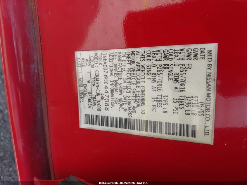 2005 Nissan Navara (frontier) VIN 1N6AD07U95C447088 IAAI salvage auction — NORMAL WEAR, Clear (Florida), sold $1,400 on 2026-07-09 (photo 9)