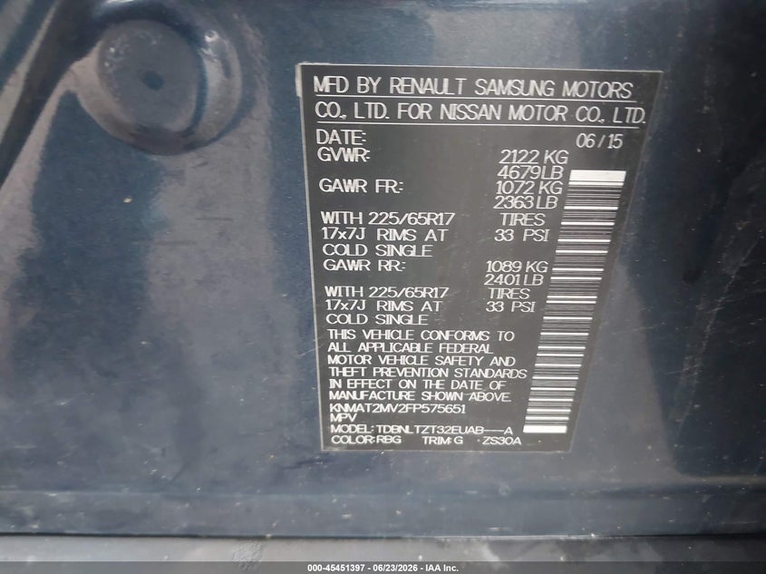2015 Nissan Rogue VIN KNMAT2MV2FP575651 IAAI salvage auction — RIGHT FRONT, Salvage (Pennsylvania), sold $650 on 2026-07-24 (photo 9)